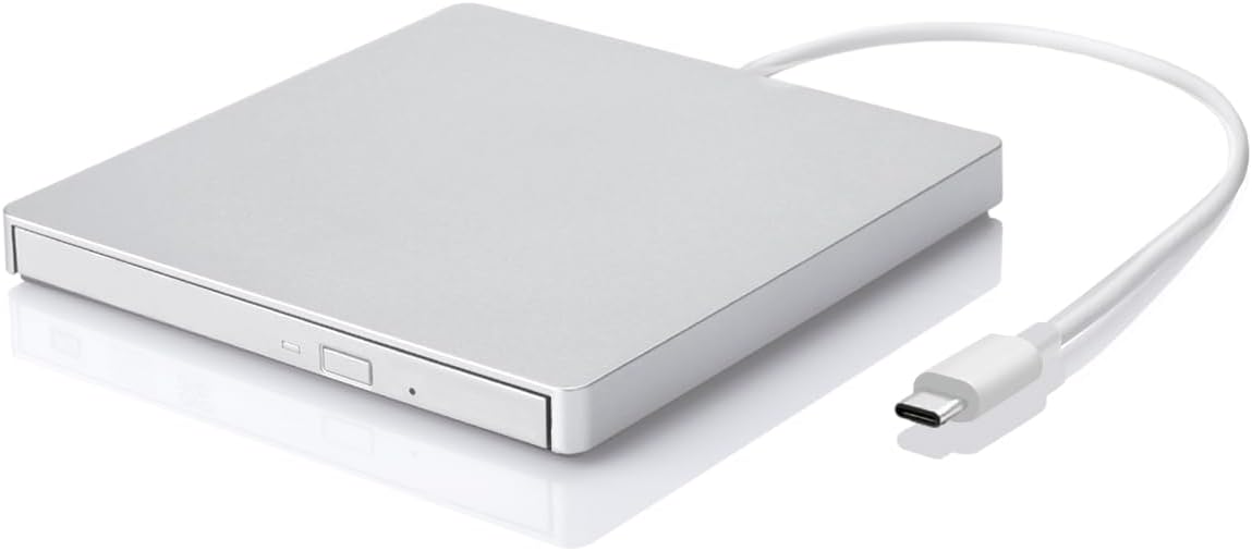 External CD/DVD Drive for Mac USB-C Premium CD DVD ROM +/-RW Disc Player Burner Reader Writer Rewriter Optical Drive Portable for Apple Mac MacBook Pro/Air, Windows, Linux Laptop PC, Silver