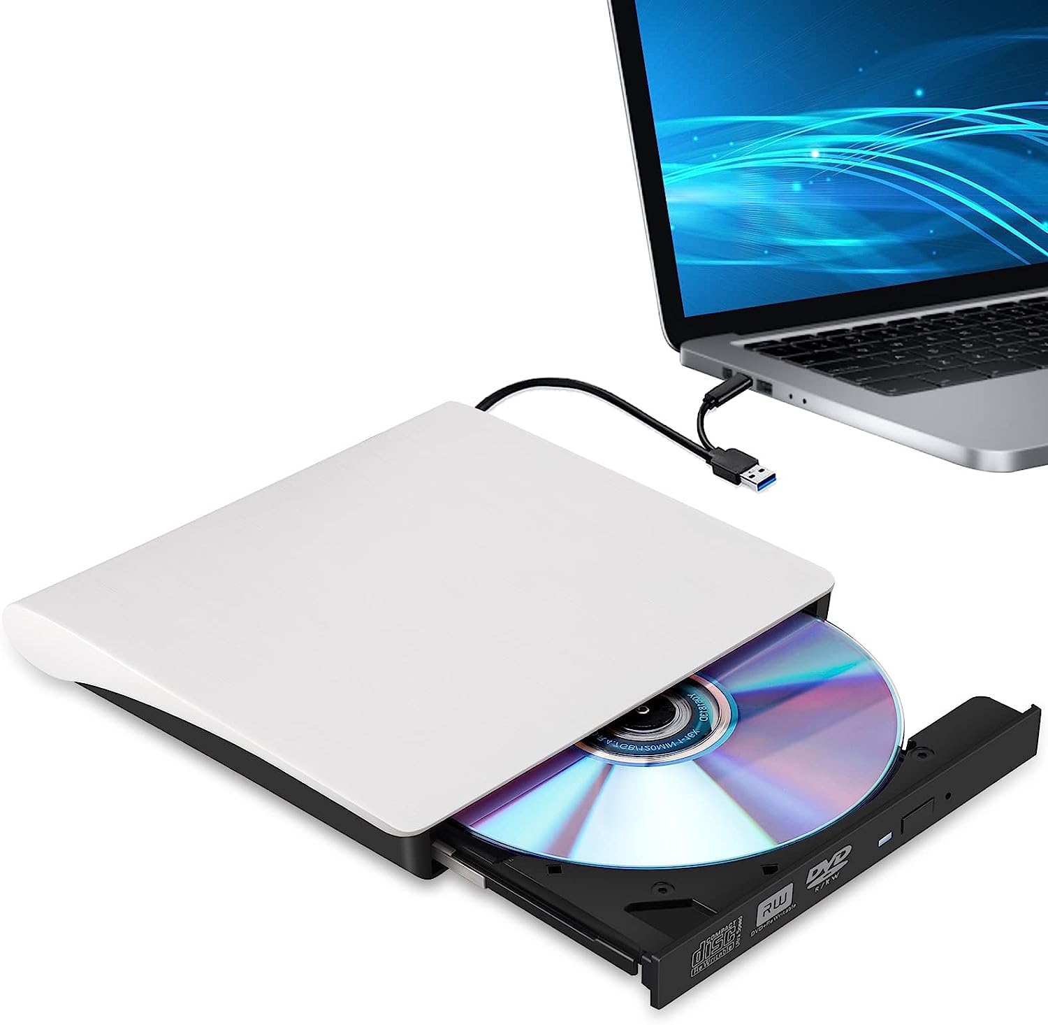 External CD/DVD Drive for Laptop, Type-C CD/DVD Player USB 3.0 Portable Burner Writer Reader Compatible with Mac MacBook Pro/Air iMac Desktop Windows 7/8/10/XP/Vista (White)