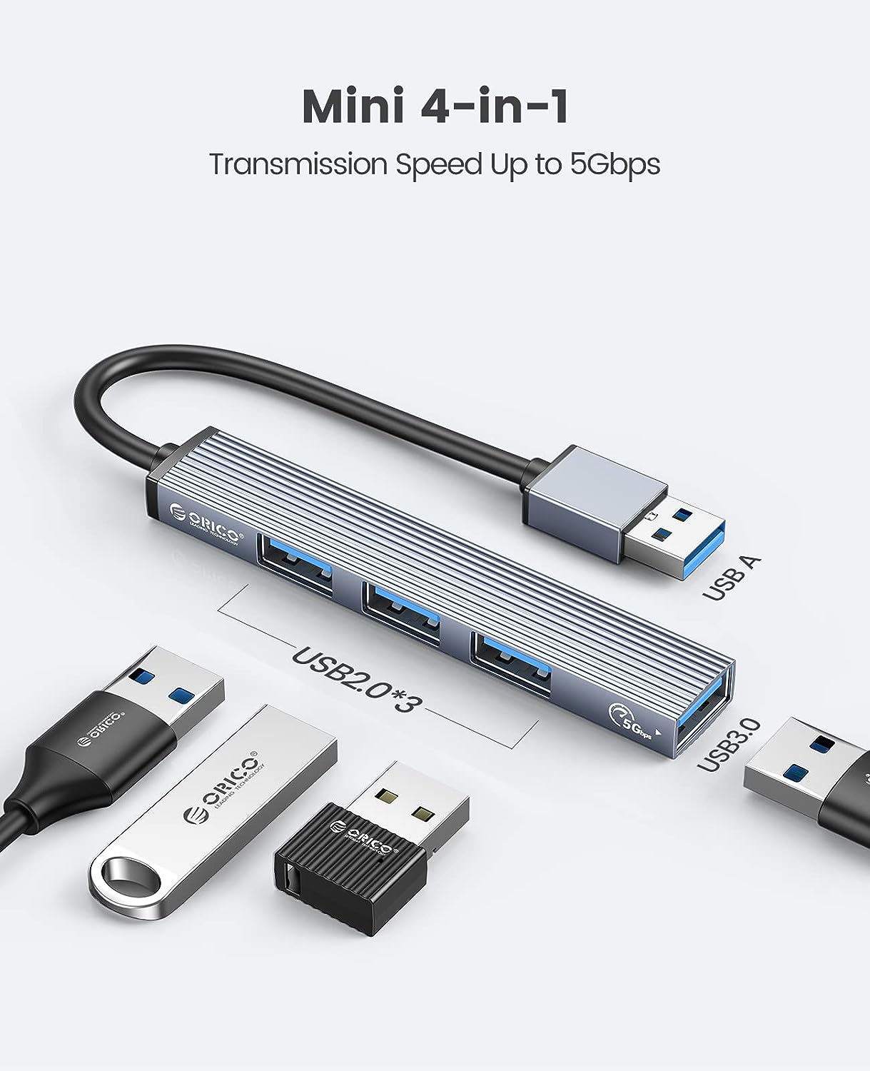 Mini USB Hub Extensions, ORICO USB Splitter, 4 Port USB 3.0 Hub Expander, 2.0 Hub, USB Adapter Station, Ultra Slim Portable Data Hub Applicable for Laptop, iMac Pro, MacBook Air, Mac, Notebook PC