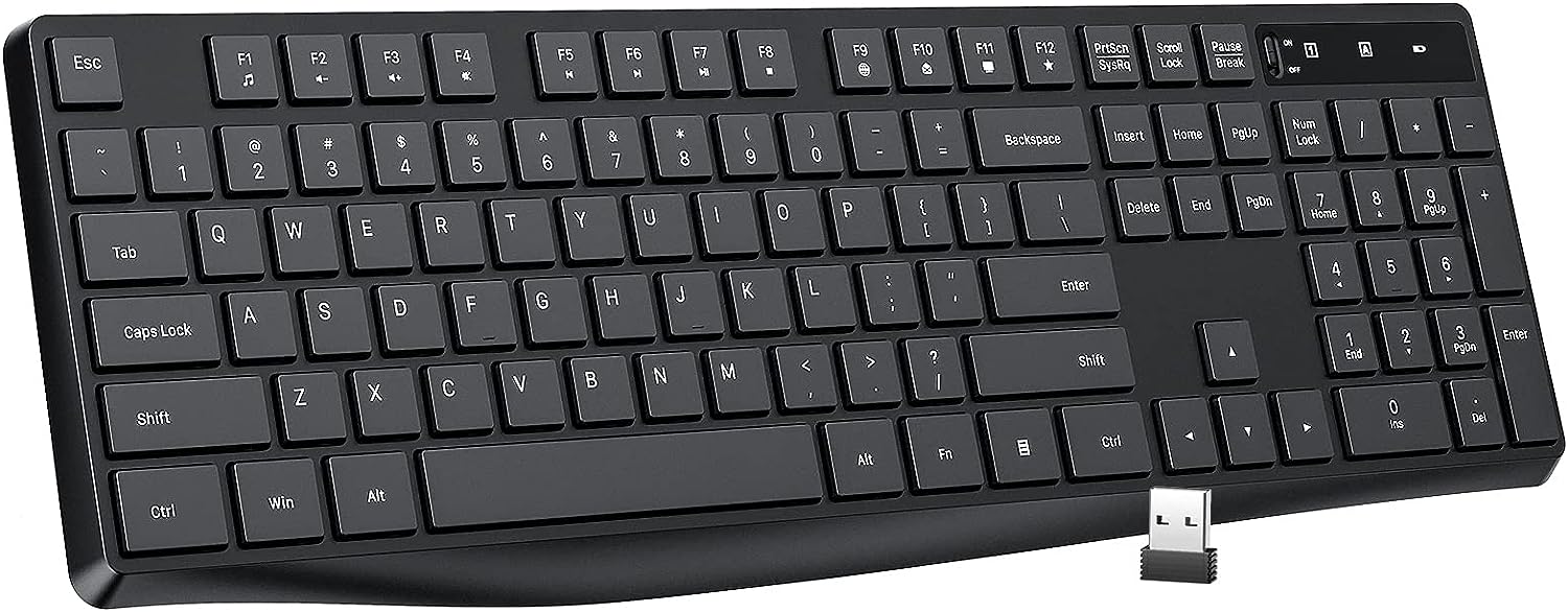 Wireless Keyboard, 2.4G Ergonomic Wireless Computer Keyboard, Enlarged Indicator Light, Full Size PC Keyboard with Numeric Keypad for Laptop, Desktop, Surface, Chromebook, Notebook, Black