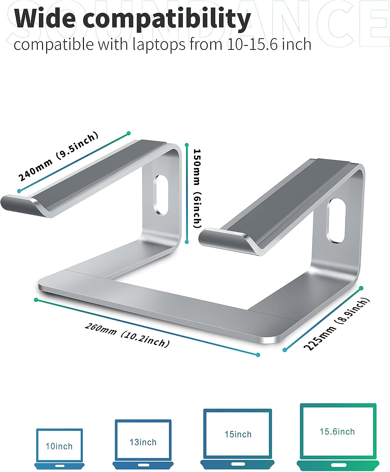 Laptop Stand, Aluminum Computer Riser, Ergonomic Laptops Elevator for Desk, Metal Holder Compatible with 10 to 15.6 Inches Notebook Computer, Silver