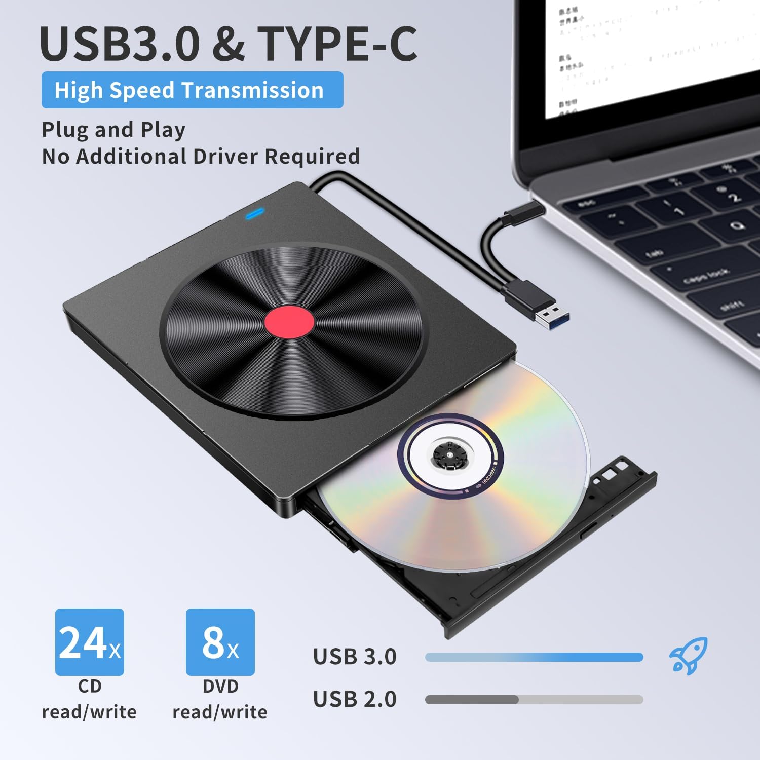 External CD/DVD Drive for Laptop, 6 IN 1 USB 3.0 Ultra-Slim dvd player for laptop, CD ROM Burner Writer External Disk Drive Optical Compatible with Laptop Desktop PC MacBook Windows Mac Linux OS