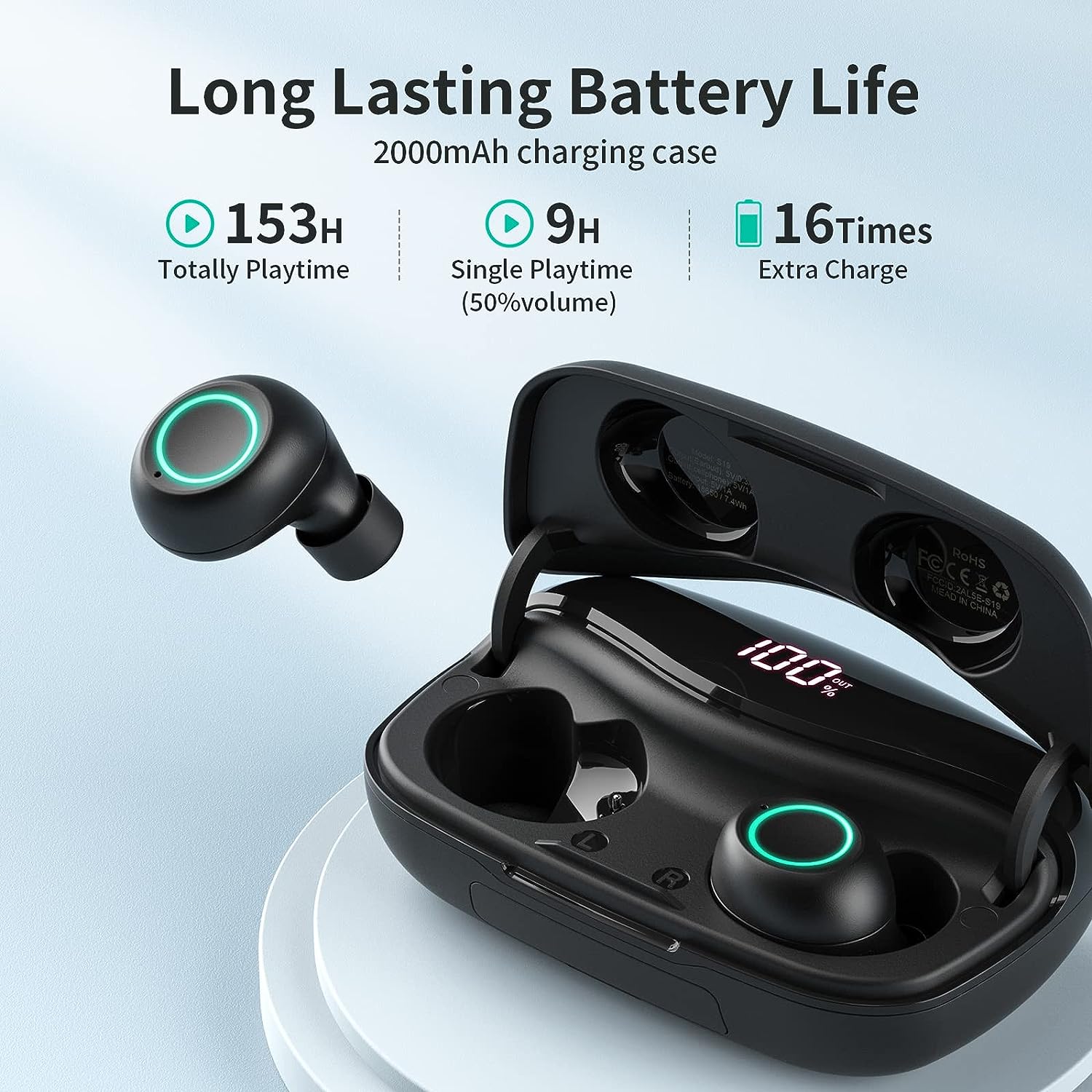 Wireless Earbuds Bluetooth Earbuds 153H Playtime Ear Buds with 2000mAh Charging Case Digital LED Display Cell Phones Charging Function Built in Mic Clear Calls in Ear Earphones for Sports