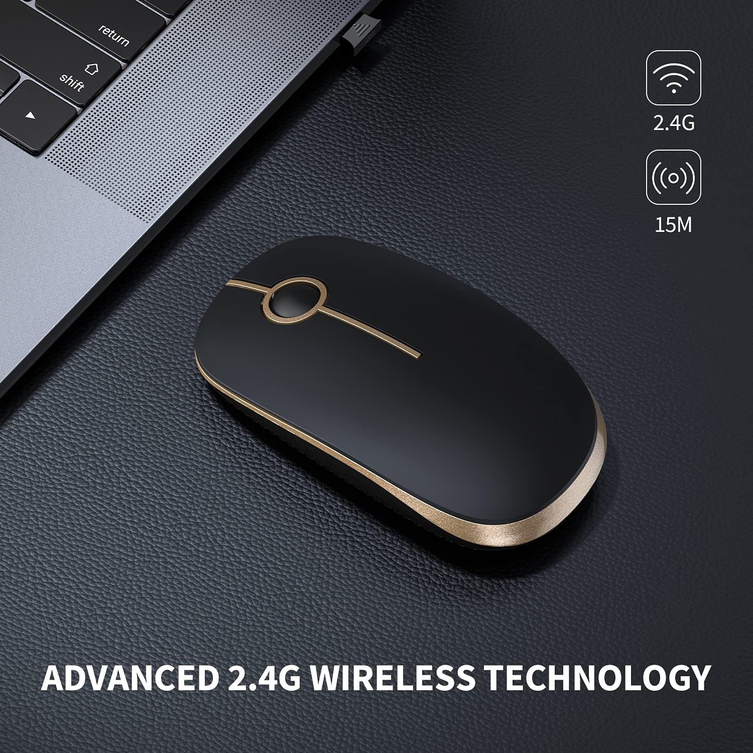 Wireless Mouse, 2.4G Slim Portable Computer Mouse with Nano Receiver Quiet Silent Optical Laptop Mouse for Notebook, PC, Laptop, Computer-Black and Gold